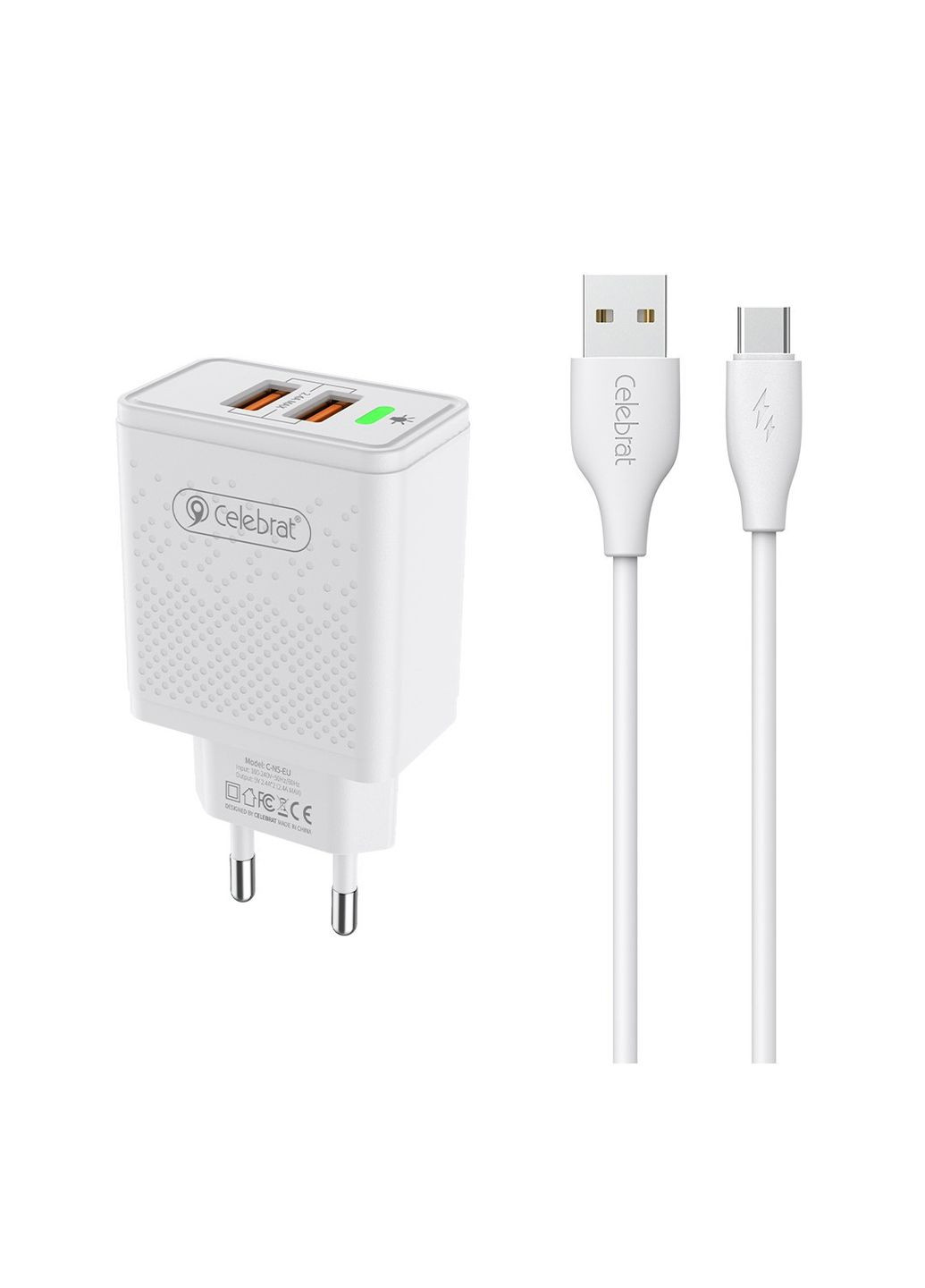 Мережевий зарядний пристрій C-N5 2,4 A 2 USB + Type-C Cable White Celebrat (333031734)