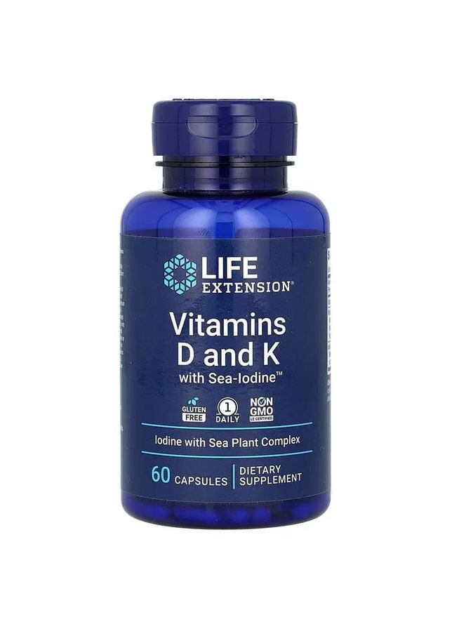 Витамин D3 и K с йодом Vitamins D3 and K with sea-iodine 5000 МЕ/2100 мкг/1000 мкг 60 капсул Life Extension (361119229)