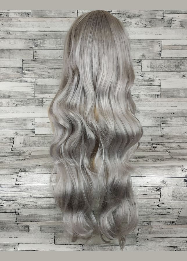 Парик серый пепельный длинный волнистый с длинной челкой женский для женщин 80см из искусственных волос No Brand 3501 (303133422)