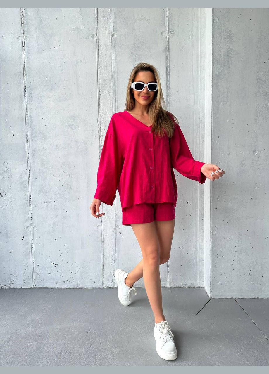 Лляний костюм із шортами малинового кольору 33683 Fashion (339606966)