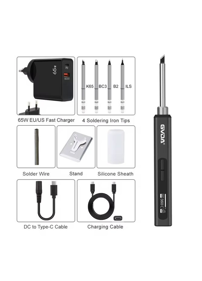 USB паяльник GD300 (65Вт, 420 град.) + блок живлення PD 65W, 5 жал, кабель Type-C, припій, підставка GVDA (327430346)