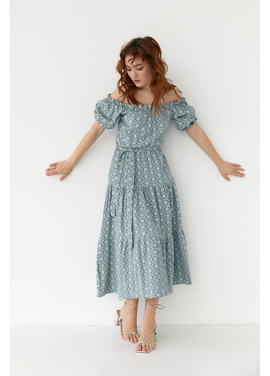 Мятное повседневный, вечернее летнее платье миди с открытыми плечами с открытой спиной Byron с цветочным принтом