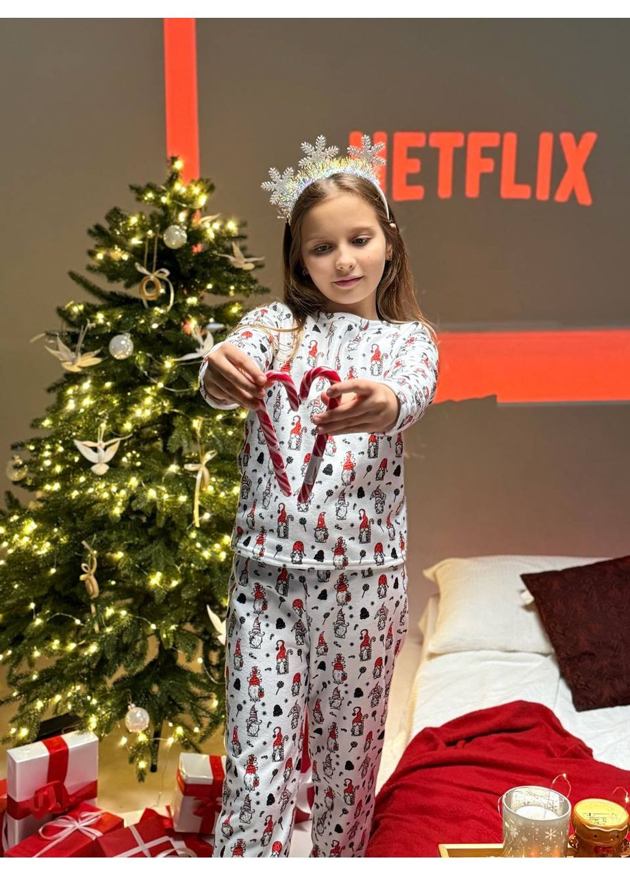 Біла всесезон святкова дитяча піжама з м’якого турецького флісу — заміри в описі кофта + брюки DK/DL Мода без кордонів