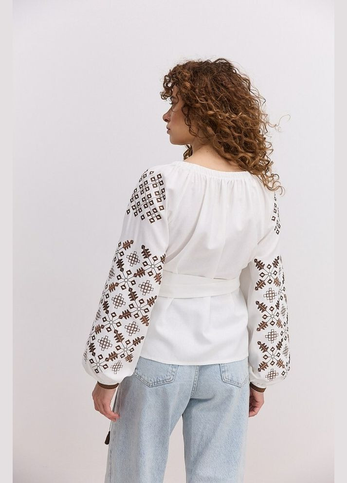 Молочная вышиванка женская на запах молочная с коричневой отделкой mkar46768-3 Modna KAZKA (337990061)