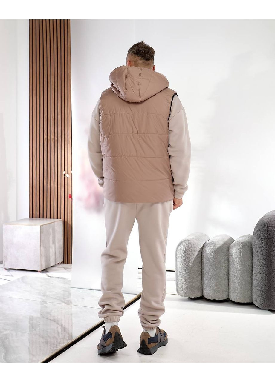 Світло-бежевий демісезонний костюм тринитка на флісі (жилет, худи, штани), колір світло-бежевий Fashion