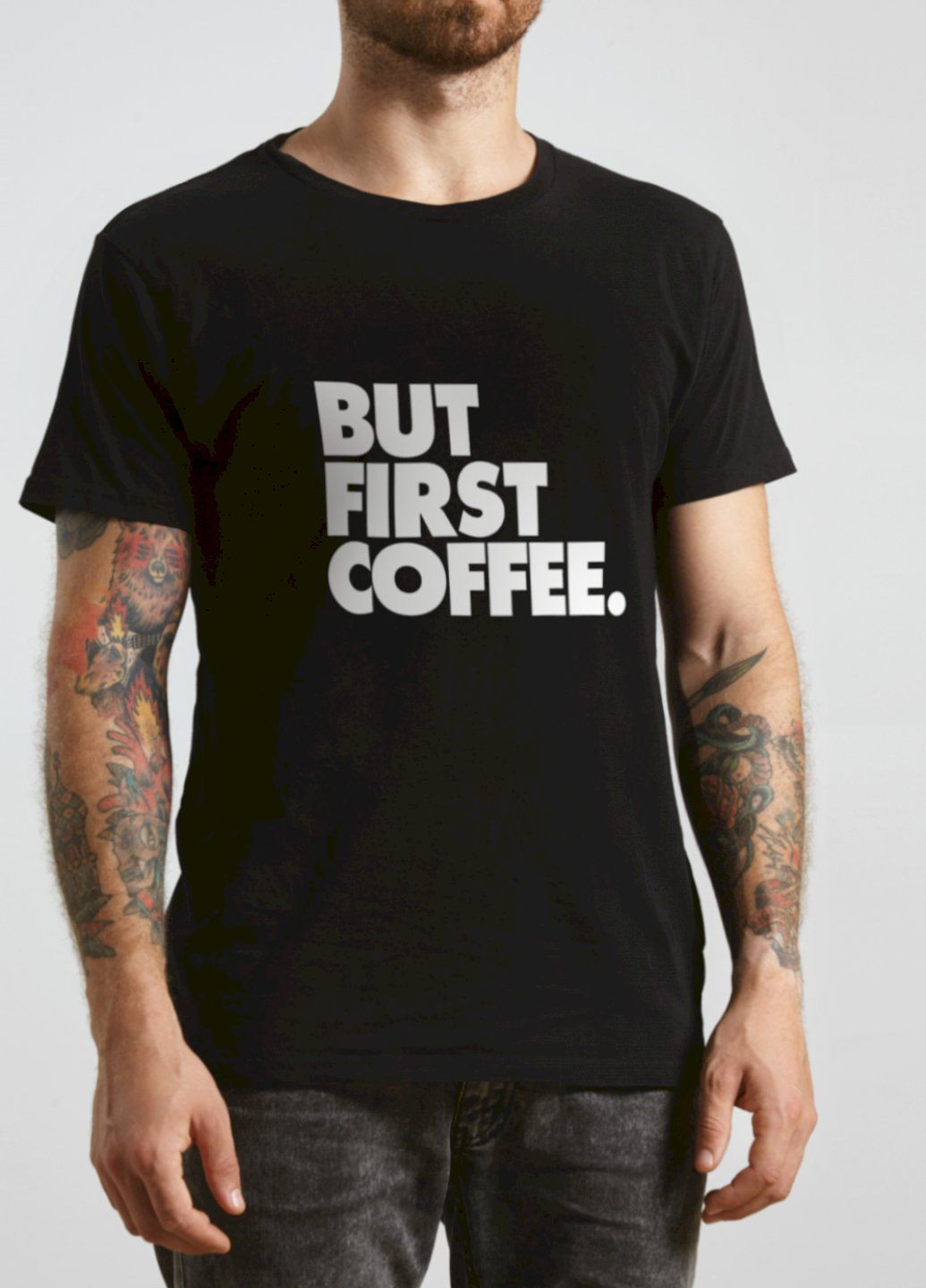 Черная футболка черная мужская "but first coffee" Ctrl+