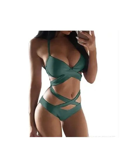 Оливковый (хаки) летний раздельный купальник с переплетами на пушапе. раздельный купальник сзади бюстгальтер на замочке. China