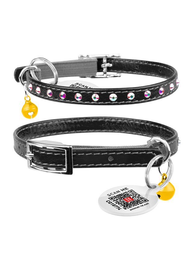 Ошейник Glamour с резинкой, клеевыми стразами, для кошек (ширина 9мм, длина 22-30см) черный WAUDOG (322001594)