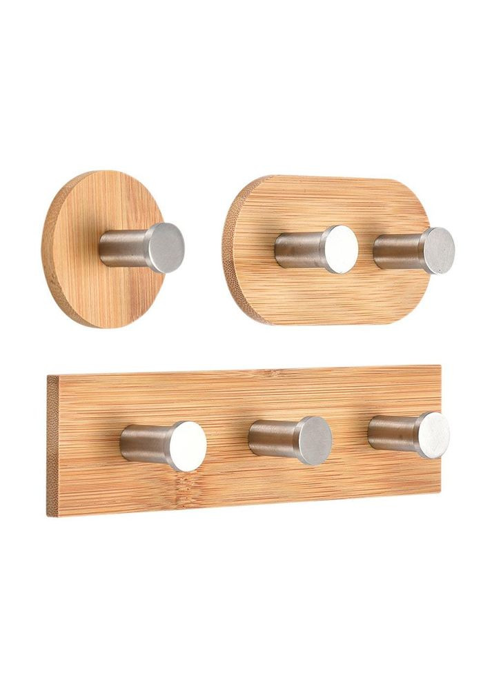 Крючок тройной из нержавеющей стали на клейкой основе прямой натуральный бамбук (NR0144_3) No Brand (303898359)