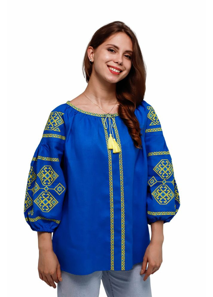 Синя вишиванка жіноча із лляного полотна світодара (fm2111) Folk Moda (365729726)