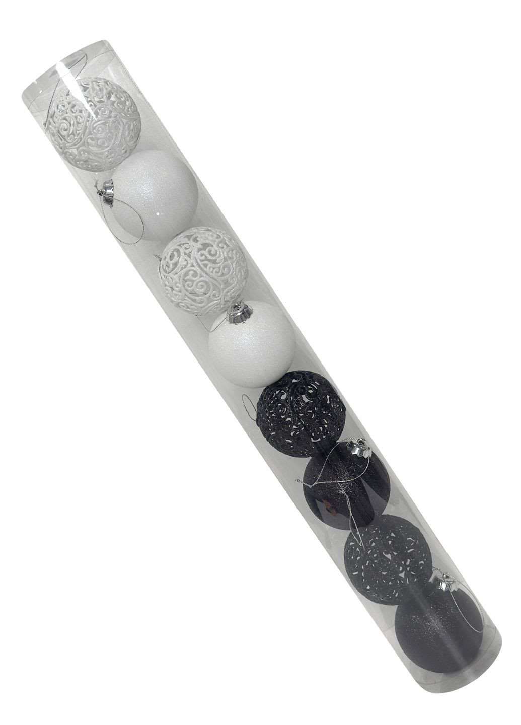 Новорічний набір ялинкових куль №80 ажурні білі, білі, ажурні чорні та чорні кулі 8 см – 8 шт MIS LT (365628301)