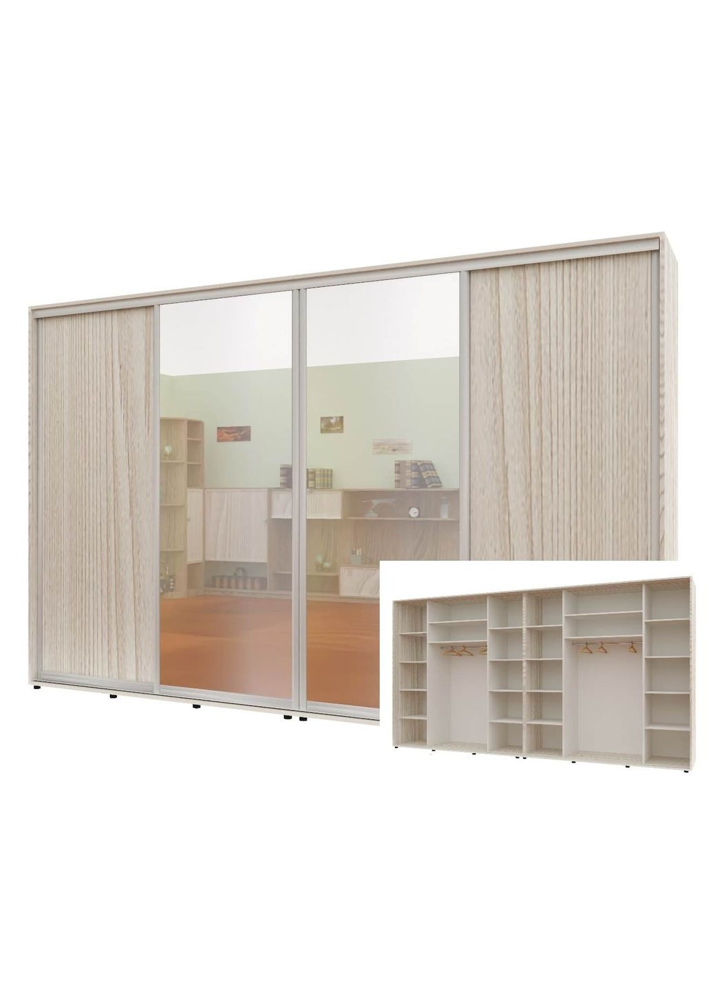Шкаф-купе четырехдверный Комфорт Мебель 360*60*240 см Дуб Беленый ДСП + Зеркало + Зеркало + ДСП Макси Комфорт Меблі (360478597)
