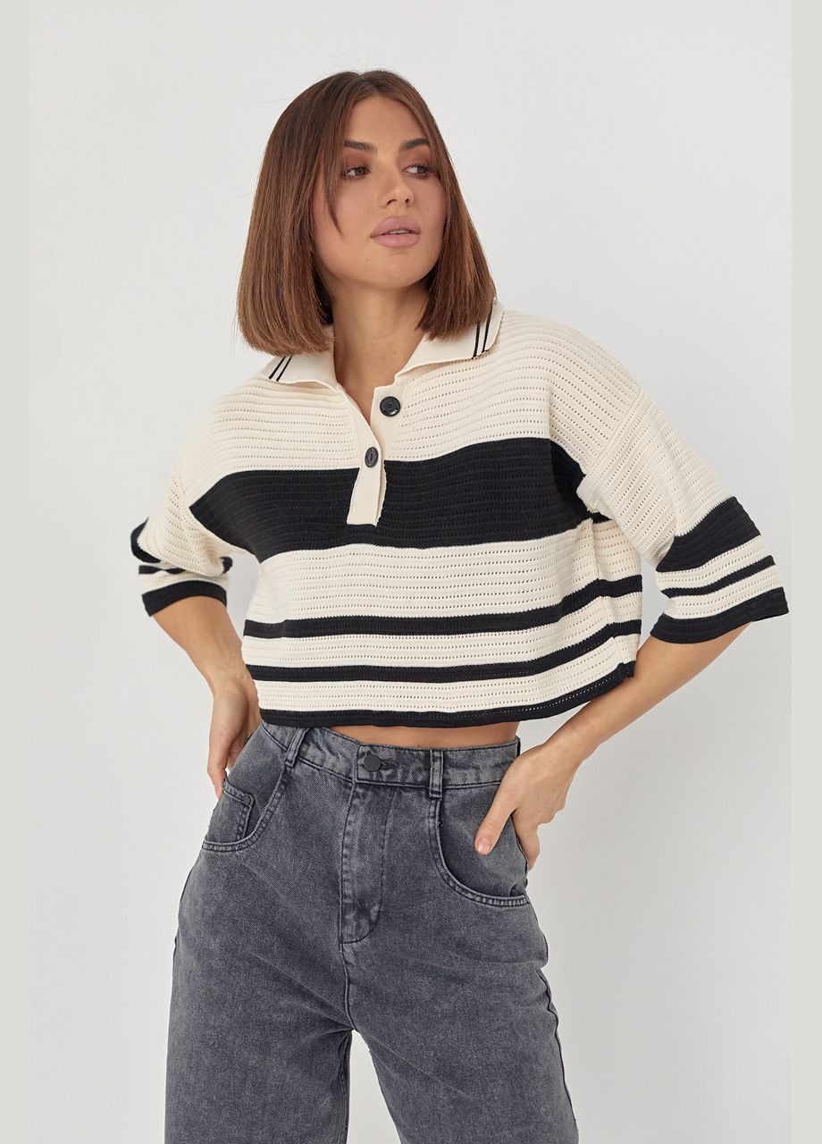 Укорочена ажурна футболка поло у смужку Liton - (296988219)
