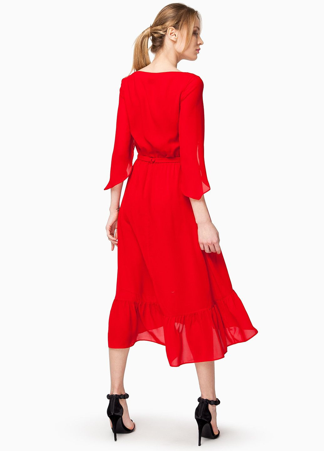 Яскраво-червона повсякденний, коктейльна сукня з червоного невагомого шифону з спідницею-сонце Nai Lu-na by Anastasiia Ivanova однотонна