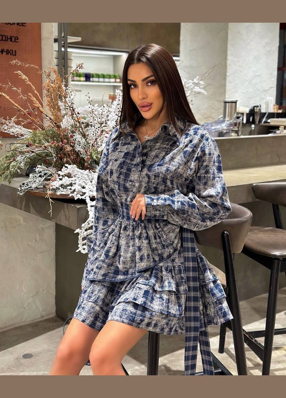 Темно-синя сукня жіноча темно-синя клітинка з баскою, щільна якісна тканина, приємна до тіла стильна і комфортна No Brand в клітинку