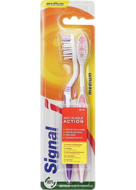 Зубные щетки, средней жесткости, фиолетовая+розовая Anti-Plaque Duo 2шт (1262618-144660) Signal (368631631)