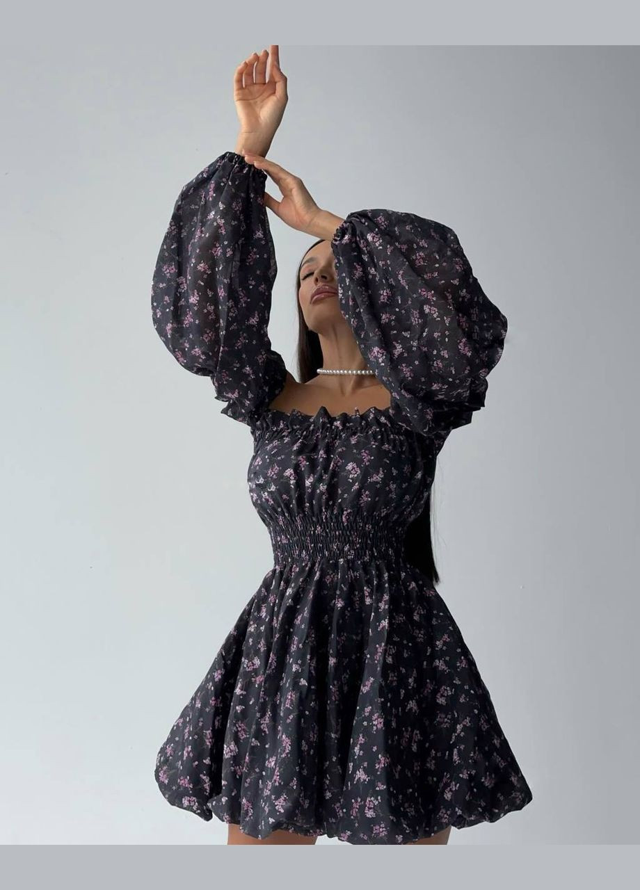 Темно-синя синя літня сукня в квітковому принті з якісного софту з довгим рукавом, вечірня коротка сукня з відкритим декольте No Brand