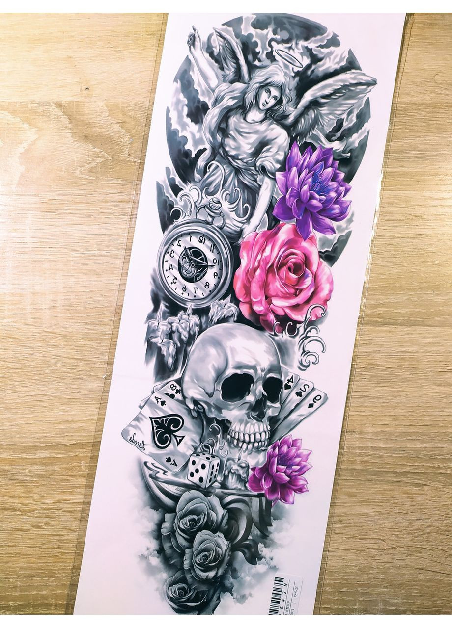 Тимчасове тату-рукав "Череп і годинники", (Реалізм) 48х17 см QB014 Tattoo (367623461)