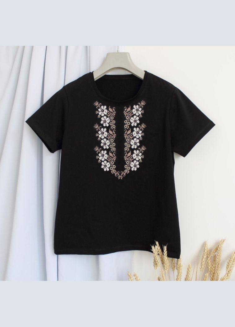 Женская футболка с вышивкой Цветы коричневые Ladan — 303727282