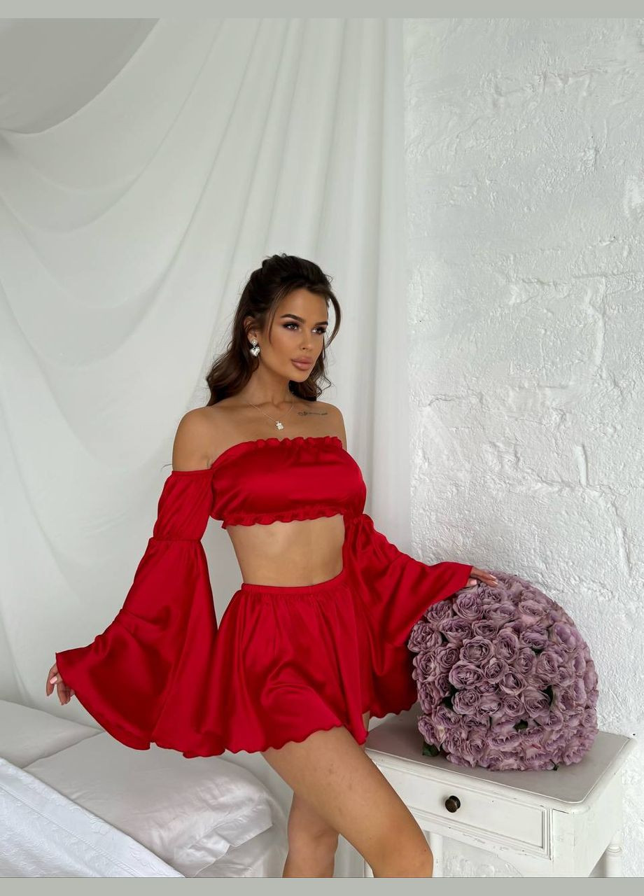 Красная женский комплект для дома. женский комплект шелк сатин No Brand