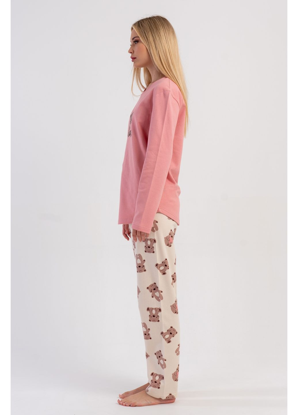 Рожева всесезон піжама бавовняна жіноча з начосом (лонгслів, штани) лонгслів + брюки Vienetta