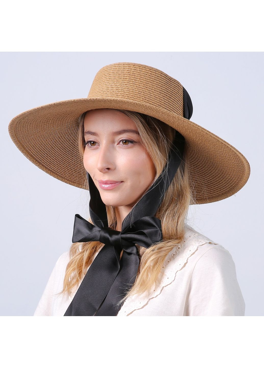 Капелюх з шировкими полями жіночий з стрічкою-завязкою папір бежевий ПЕРІС LuckyLOOK 735-170 (328389050)
