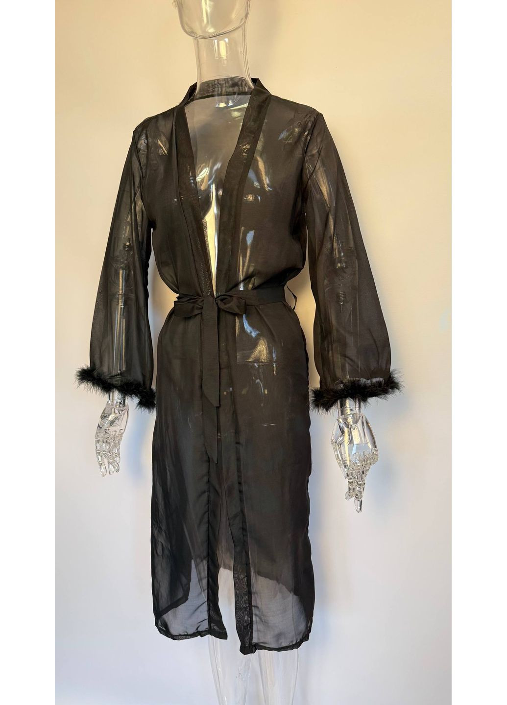 Пеньюар шифоновий довгий халат з пір'ям Valerie чорний No Brand Валері (315041039)