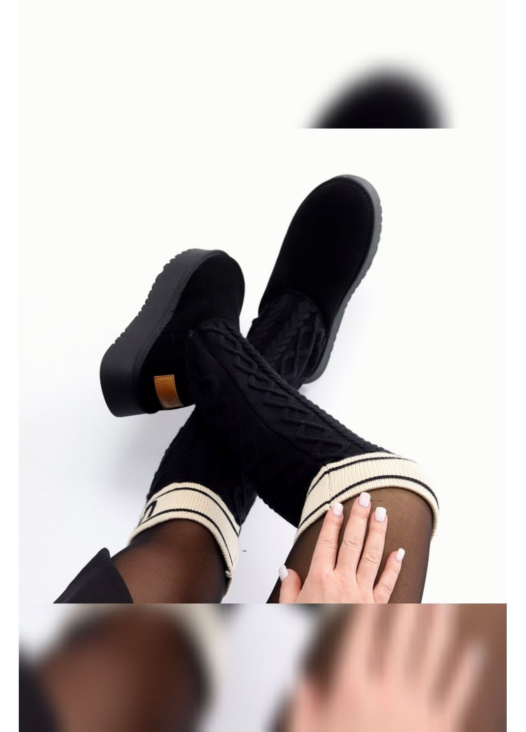 Жіночі чорні замшеві зимові з вязаним високим чулком на товстій підошві Hengji уггі (371629444)