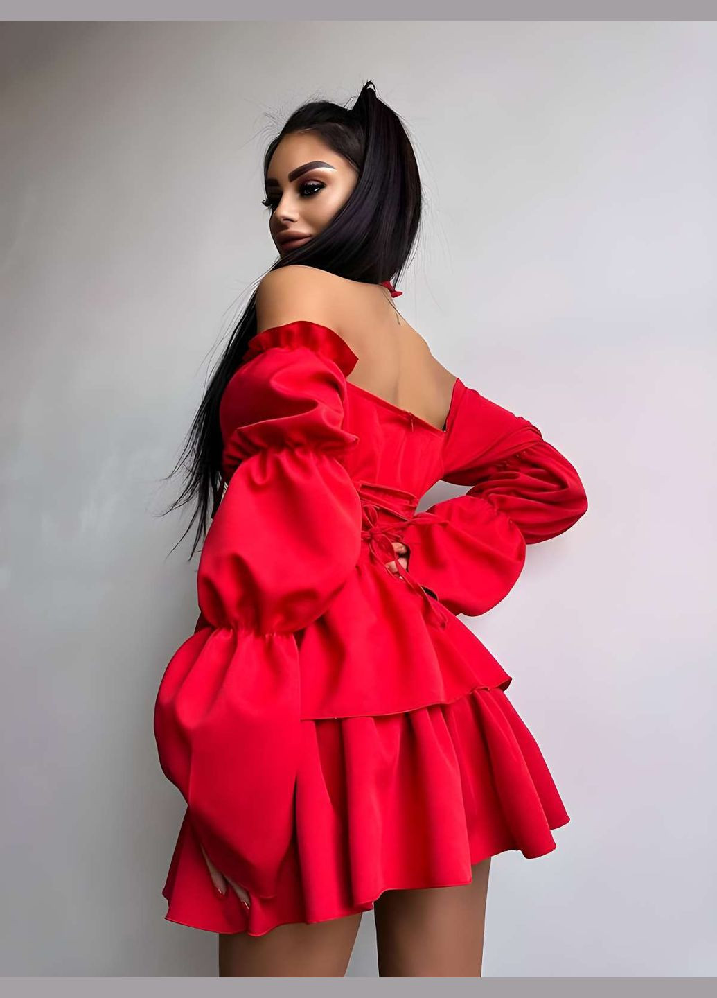 Червона святковий, коктейльна, карнавальний, відвертий, повсякденний, кежуал, вечірня жіноча ошатна коротка малинова сукня міні з рюшами зі шнурівкою і широкими рукавами Україна