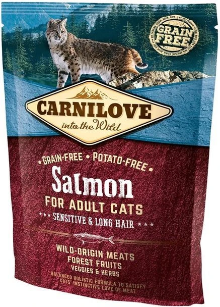 Сухой корм для взрослых кошек с чувствительным пищеварением Salmon Sensitive&Long Hair 400 г Carnilove (396667743)