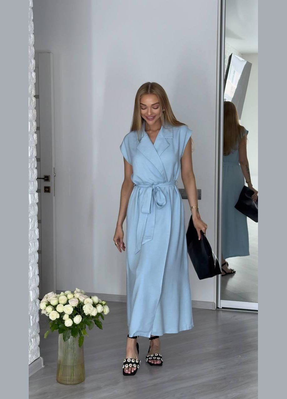 Блакитна повсякденний сукня жіночій - однонтонна максі з пояском JUGO однотонна