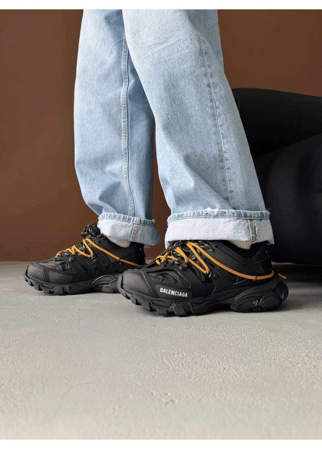 Черные демисезонные кроссовки мужские balenciaga track trail laces black/orange баленсиага трек черные No Brand