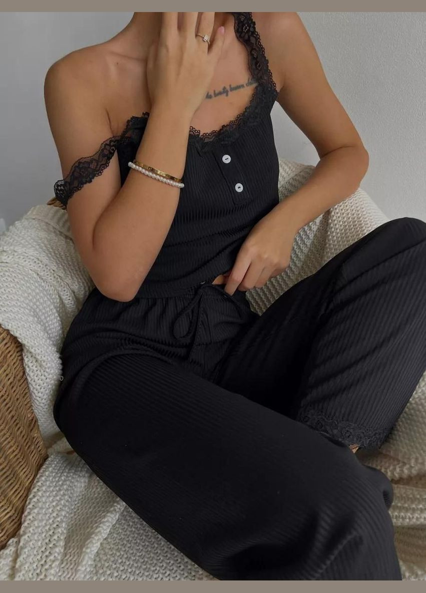 Черная всесезон пижама брючная эластичный рубчик julia набор майка брюки майка + брюки No Brand Піжама в еластичний рубчик Julia