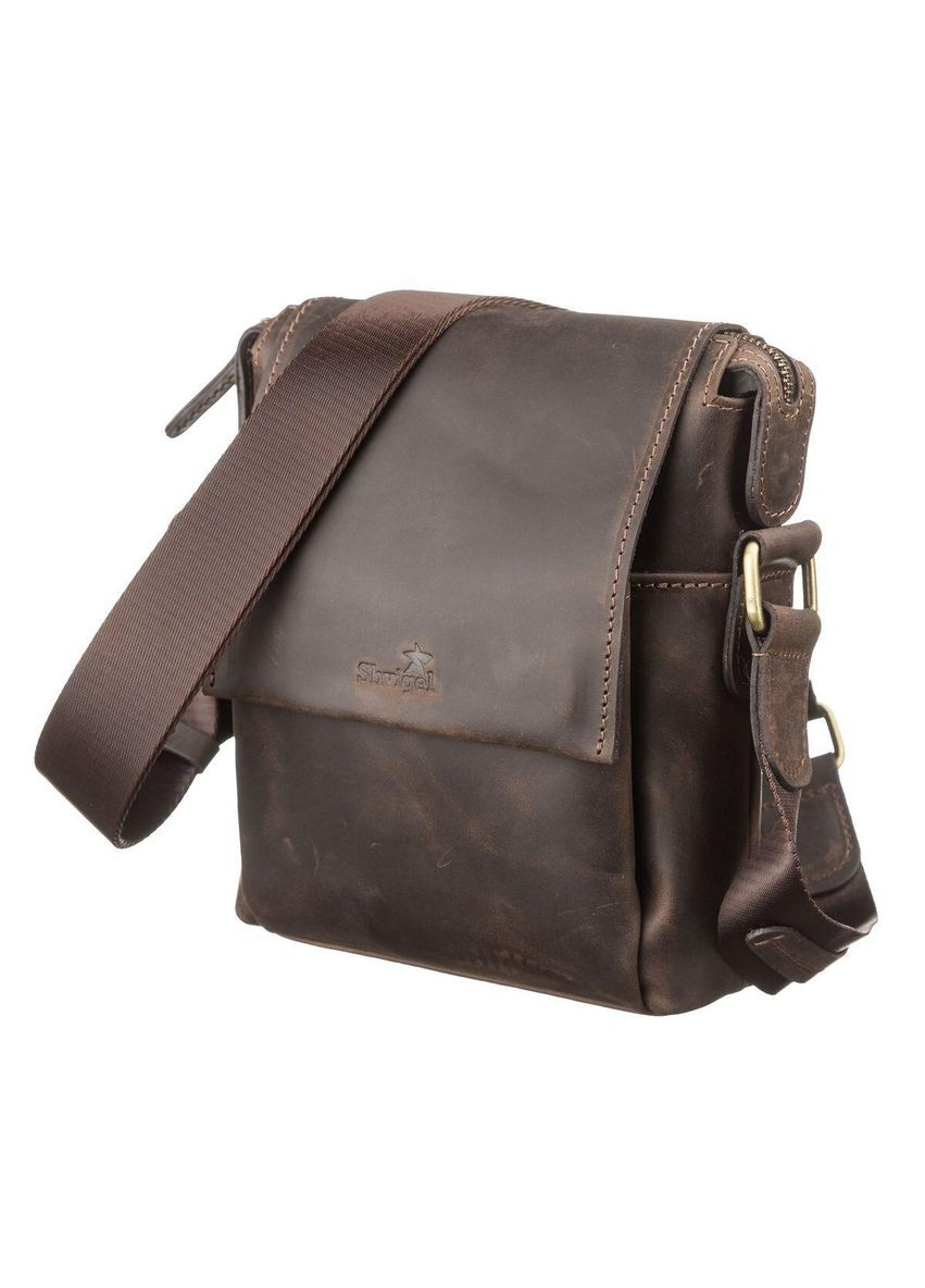 Чоловіча шкіряна сумка через плече планшет месенджер із натуральної шкіри коричнева 19*23*6 см Shvigel (329150899)