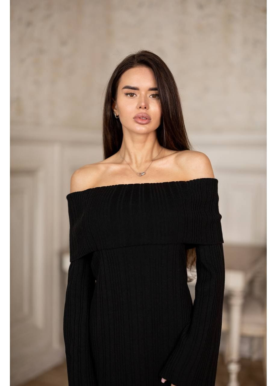 Чорна повсякденний жіноча в'язана сукня з відкритими плечима з відкритими плечима KaraMix однотонна