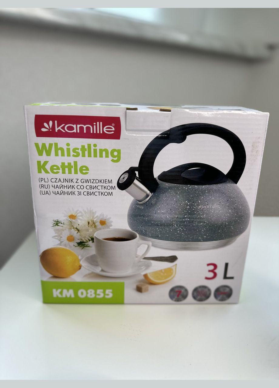 Чайник KM-0855 Чорний 3л з нержавіючої сталі зі свистком і бакелітовою ручкою для індукції і газу Kamille (346048364)