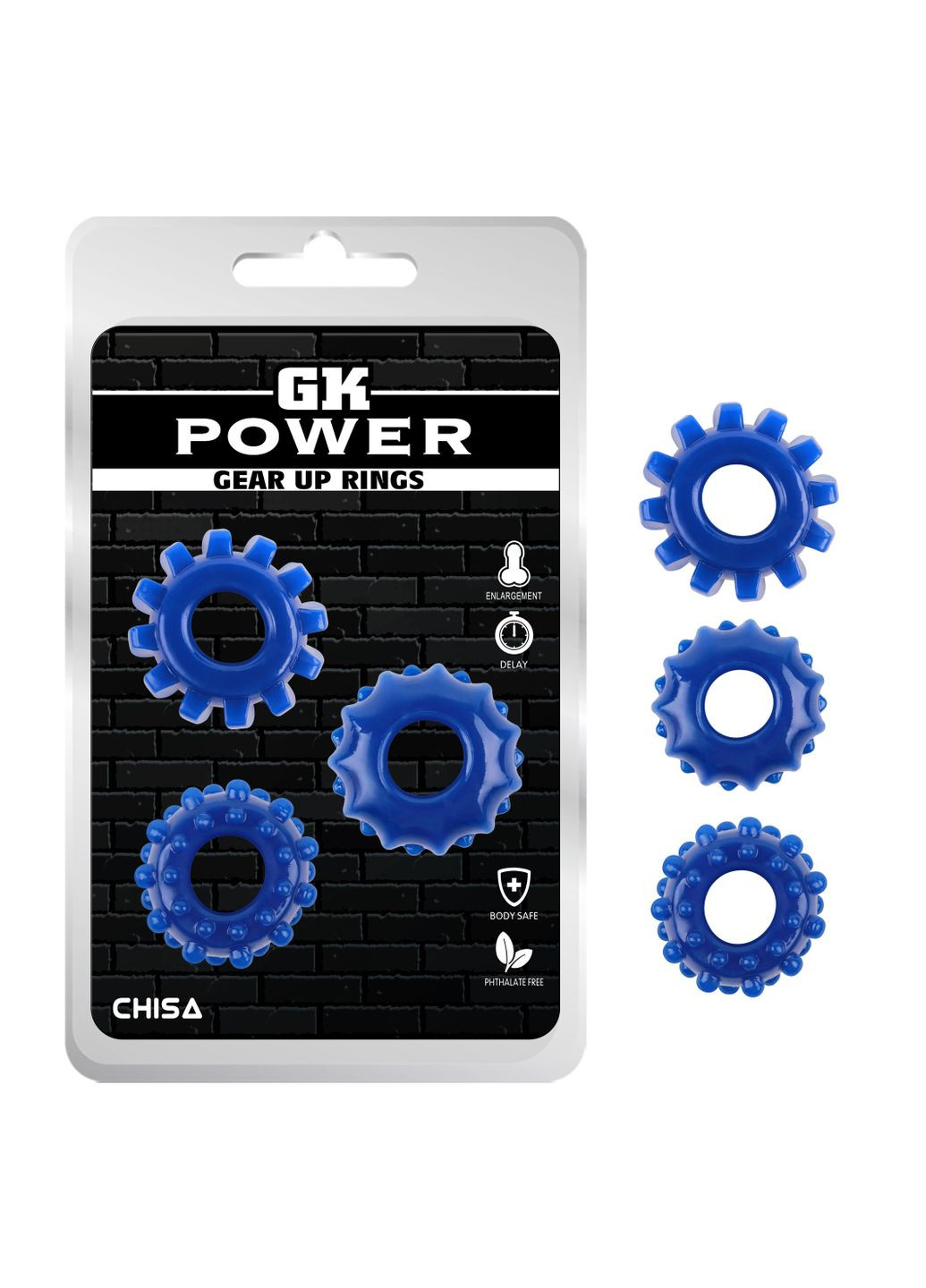 Набор эрекционных колец GK Power Cock Rings с рельефом, синие, 3 шт. Chisa (347313752)