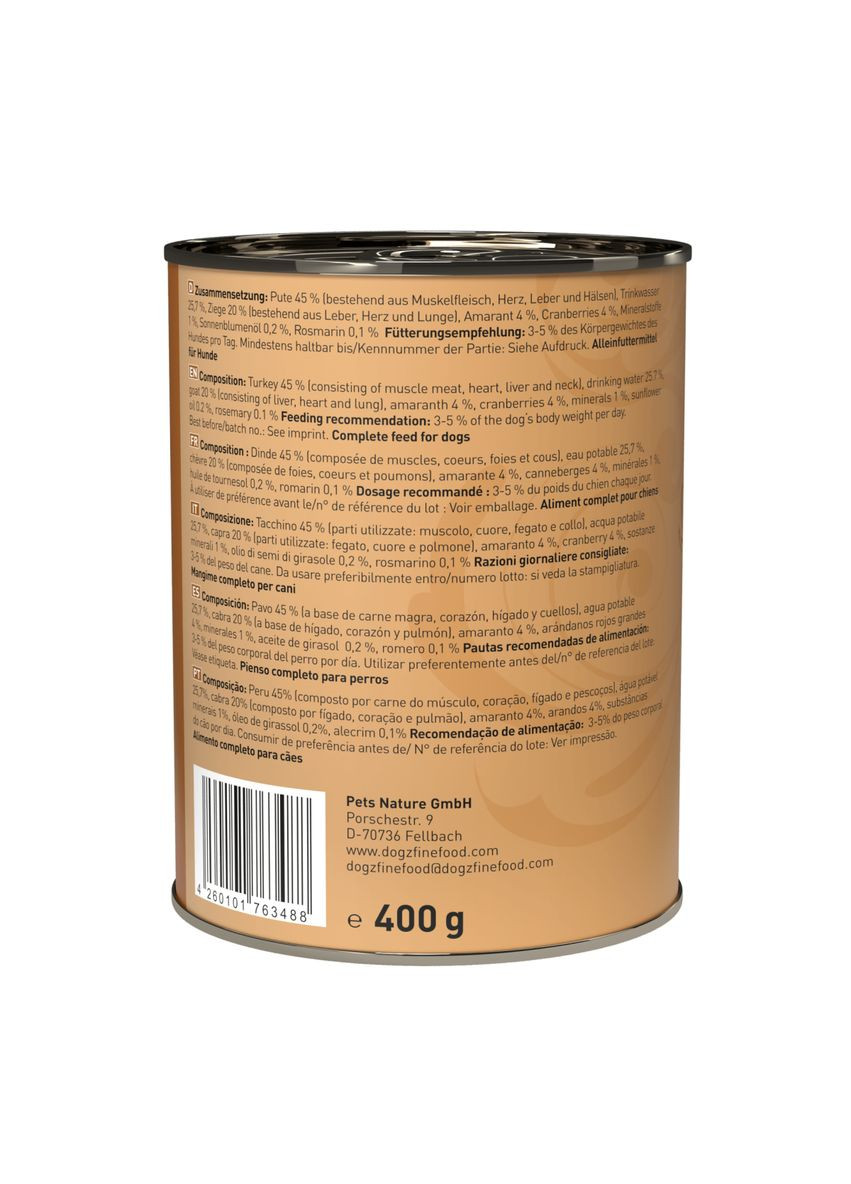 Влажный корм для собак No.08 индейка и коза 400 г Dogz Finefood (391440934)