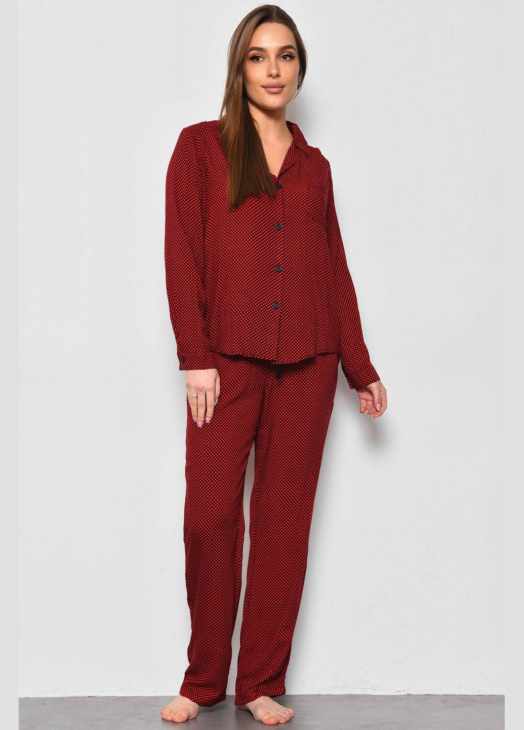 Червона всесезон піжама жіноча червоного кольору з принтом рубашка + брюки Let's Shop