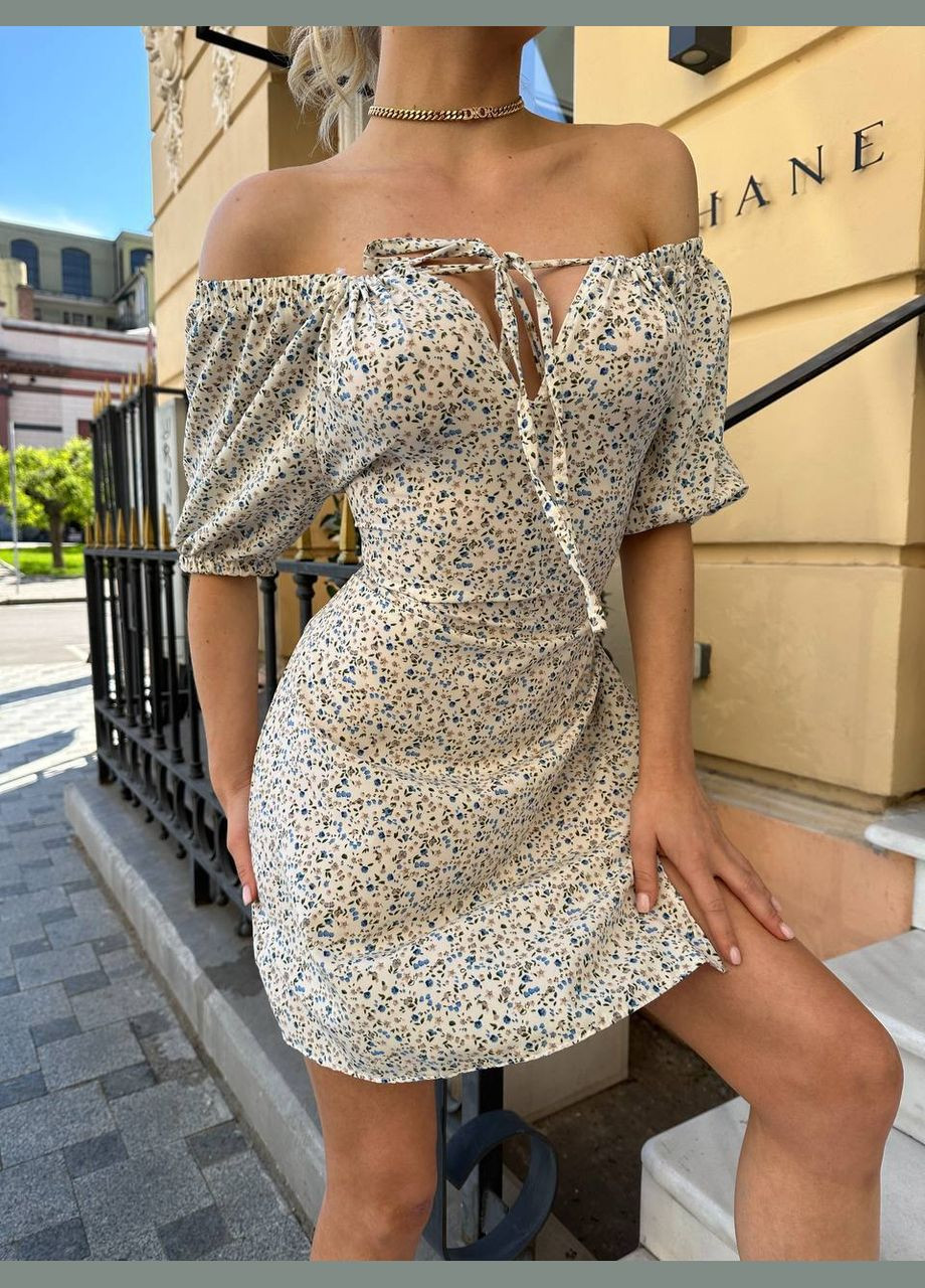 Бежевое праздничный, коктейльное, деловое, пляжное, повседневный, вечернее женский костюм с открытыми плечами No Brand с цветочным принтом