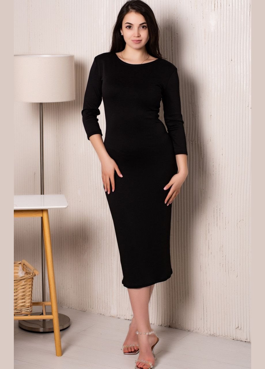 Черное деловое женское трикотажное платье-футляр миди с рукавами три четверти, обтягивающее по фигуре. футляр No Brand однотонное
