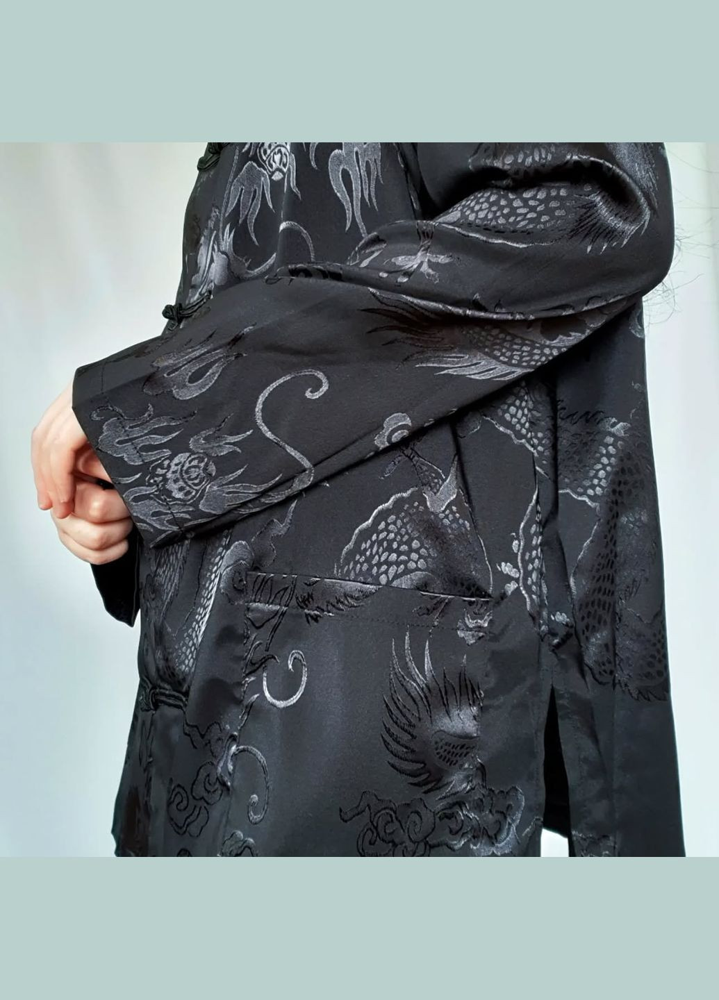 Атласова чорна сорочка з драконами оверсайз прямого крою аніме харадзюку японська китайська естетика унісекс велика гранж панк No Brand (316259282)