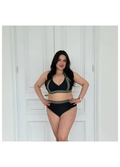 Черный летний женский раздельный купальник plus size с золотыми вставками / раздельный женский купальник больших размеров No Brand