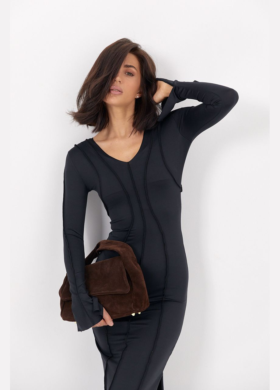 Чорна відвертий довга приталена сукня зі швами назовні - хакі Lurex