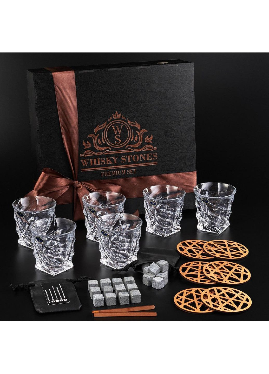 Подарунковий набір 6 склянок для віскі та стеатитового каміння для охолодження віскі + 6шт Bohemia Casablanса 300мл Sterling (364550627)
