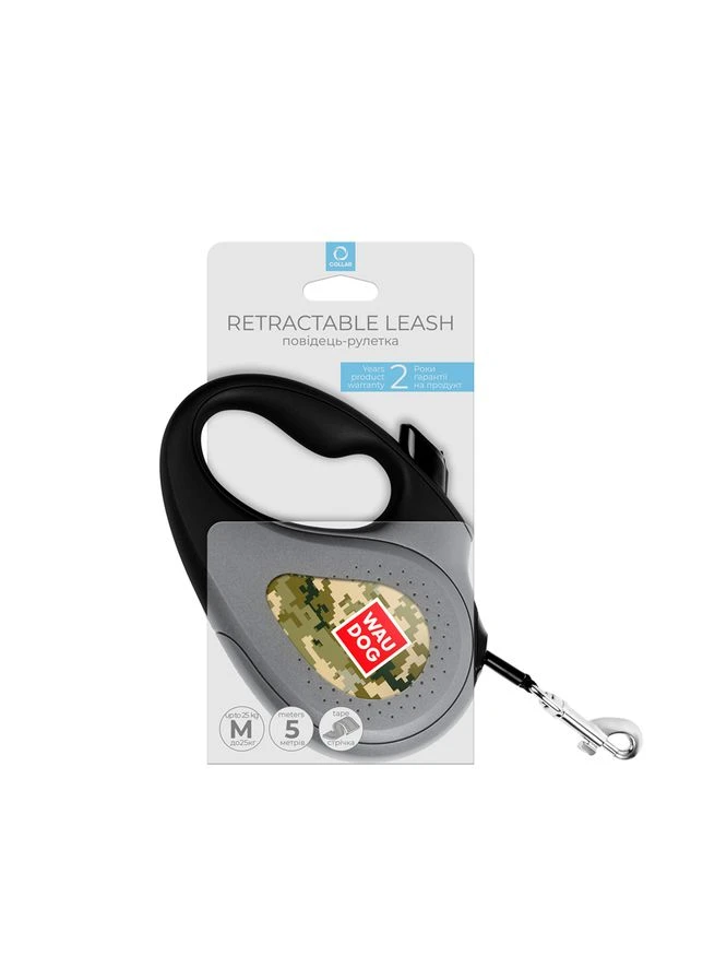 Повідець-рулетка для собак R-leash, малюнок "Мілітарі", M, до 25 кг, 5 м, світловідбиваюча стрічка WAUDOG (389113952)