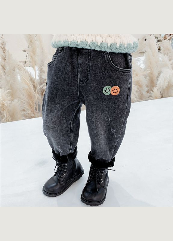 Темно-серые демисезонные джинсы детские теплые со смайликами ( ) (10785) Qoopixie
