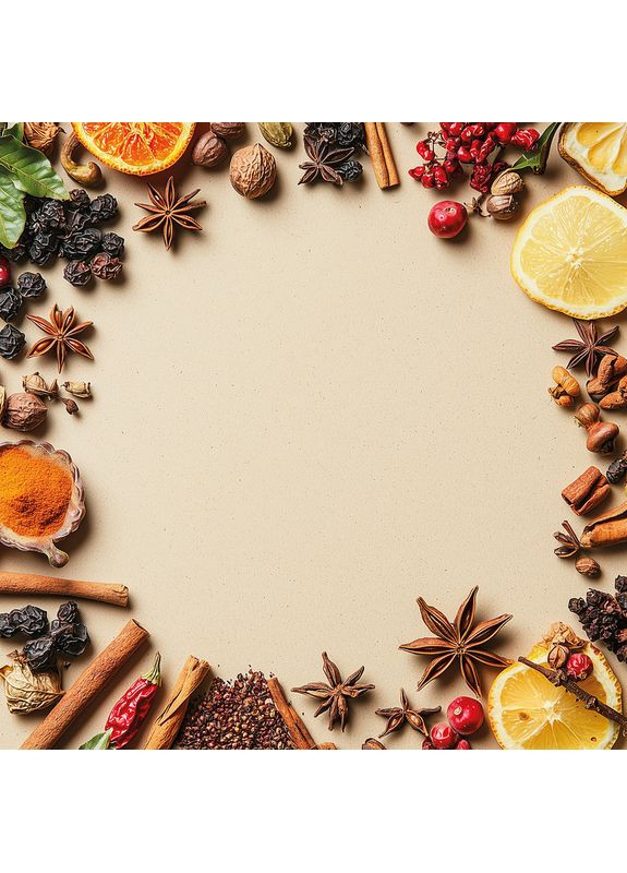 Фотофон виниловый бежевый фон с апельсинами, специями, корицей и ягодами, квадратный 40x40 см, №553007 PhotoVinyl (355261315)