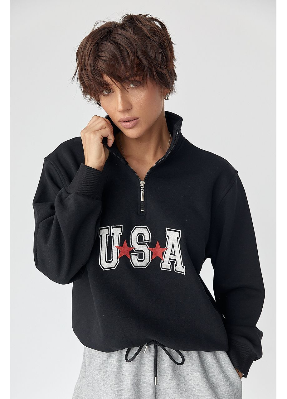 Чорний теплий світшот із блискавкою на комірі - чорний колір Lurex (370602079)