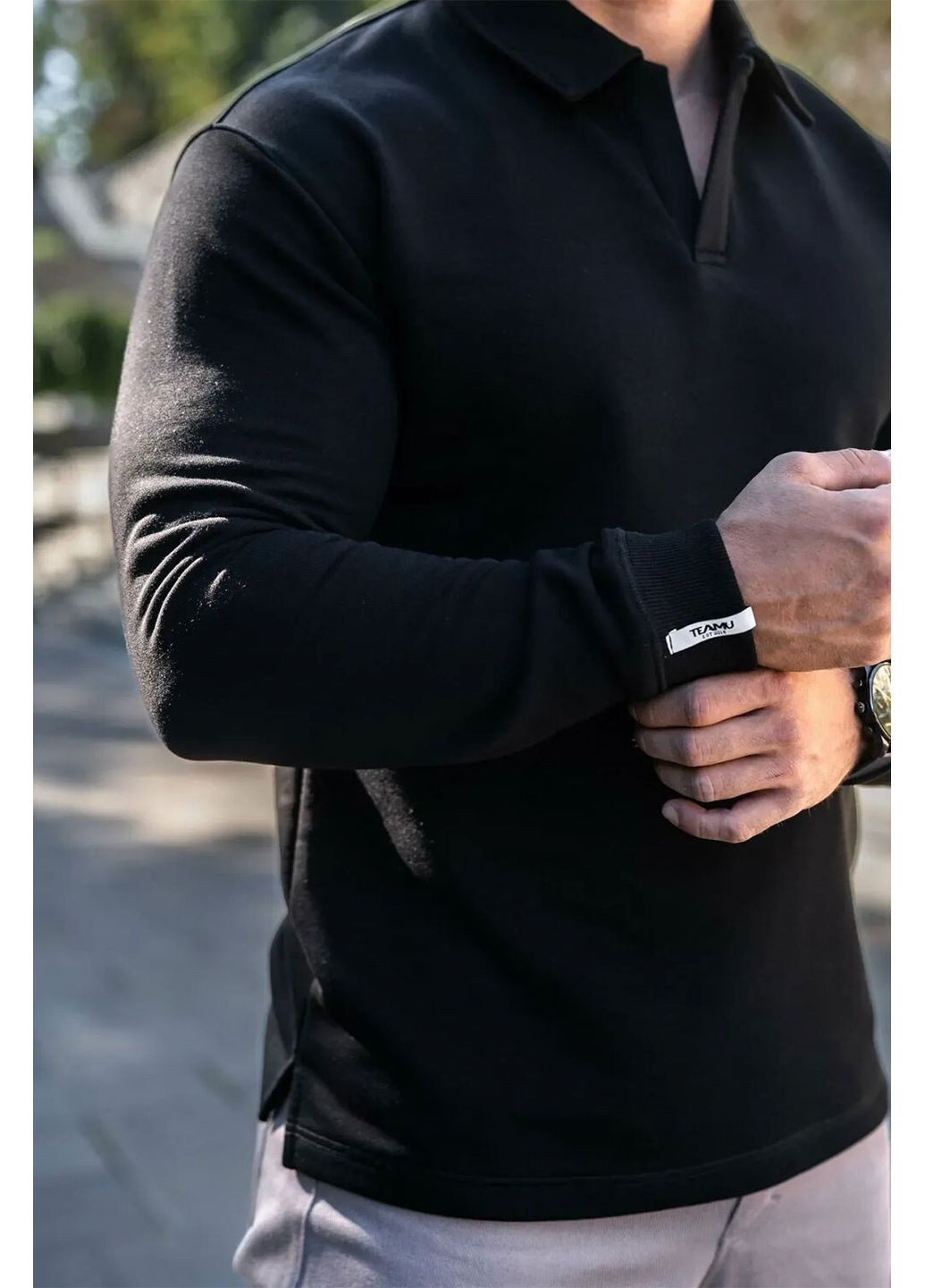 Чорний чоловічий трикотажний світшот-поло з коміром, чорний Teamv однотонний (372519862)